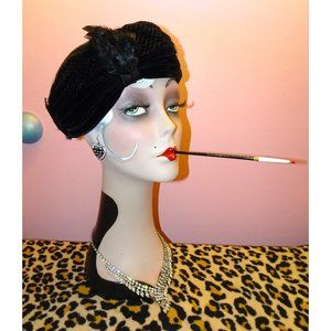 Vintage Dubonnet Black Velvet Pillbox Hat feathers veil pinup retro rockabilly